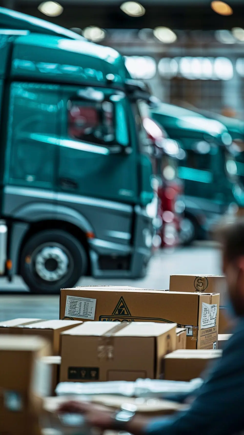 Camiones y cajas de paquetería en una bodega de operación